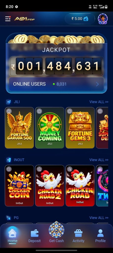 A91 Game home screen showing jackpot, online users, JILI games, InOut games, PG games and mobile navigation