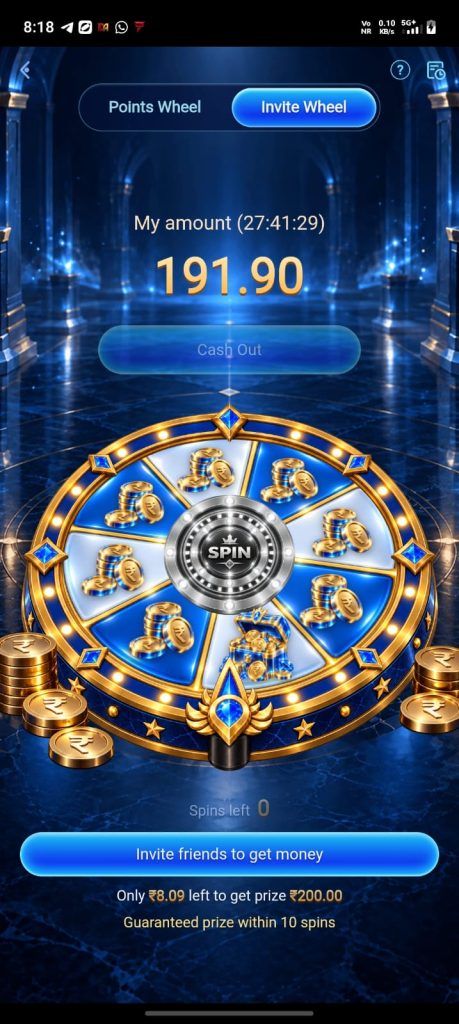 A91 Game rewards wheel screen showing points wheel, invite wheel, cash balance, spin feature and reward information