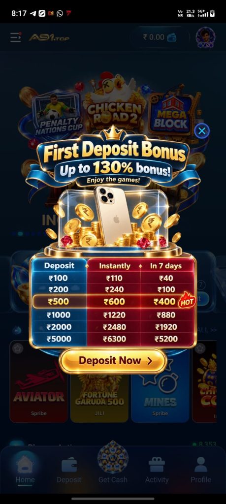 A91 Game first deposit bonus screen showing promotional offer, deposit amounts, bonus details and Deposit Now button