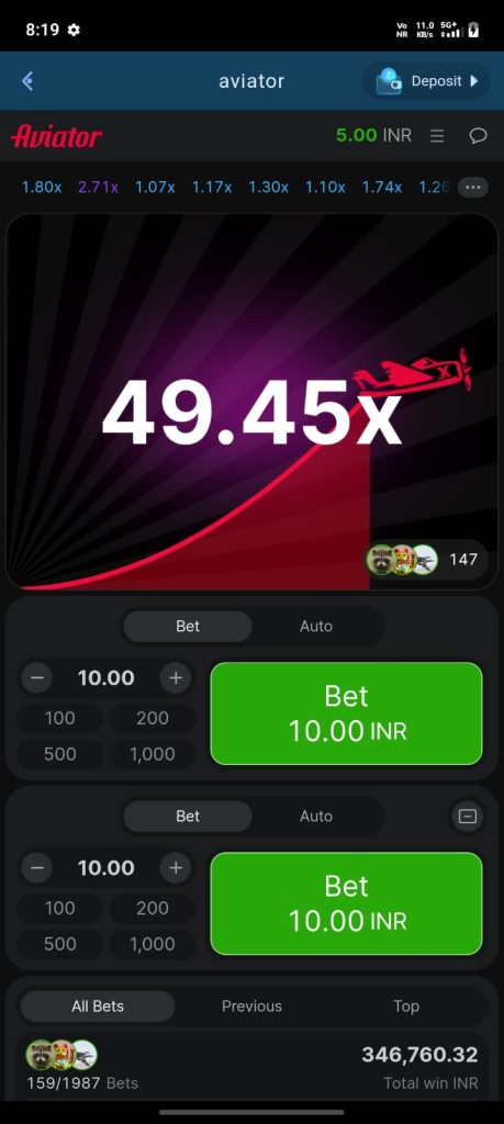 Aviator game 49.45x multiplier gameplay screenshot with betting interface